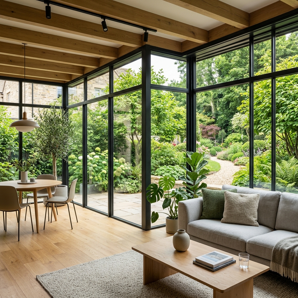 Cerramiento de galería moderno con cortinas de cristal